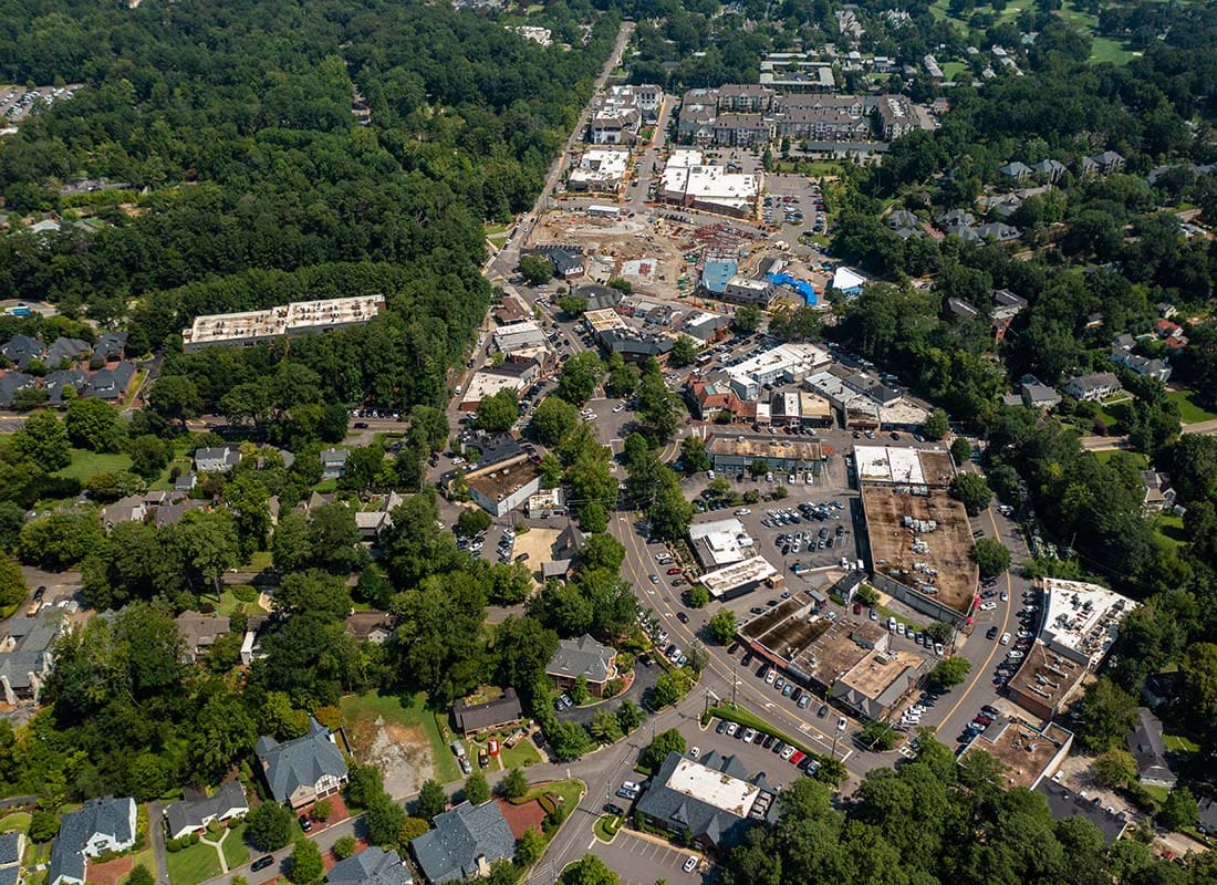 Columbiana, AL - Aerial View of Buildings Surrounded by Green Foliage in the Small Town of Columbiana Alabama